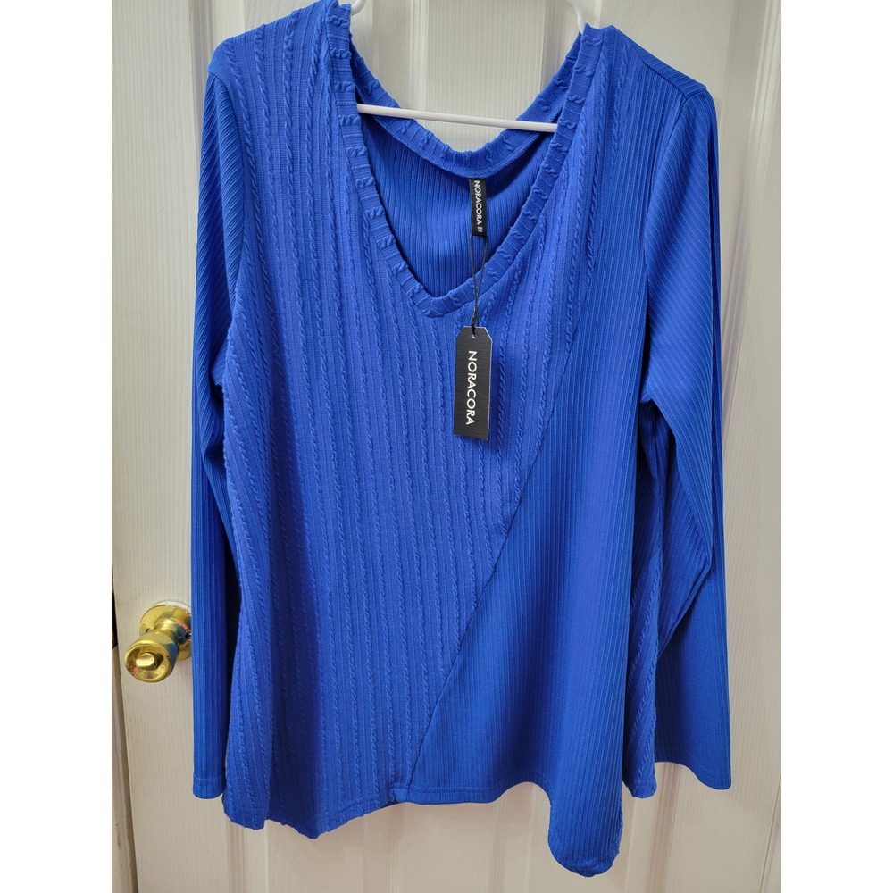 Noracora Womens XXL Blue V-Neck Long Sleeve Ribbed Cable Knit Jacquard Top NEW